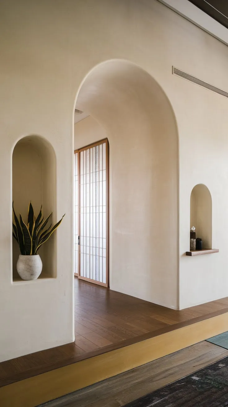 A modern Japandi foyer boasts a spacious arched entranceway brightened by strategically placed plants in a stylish niche.