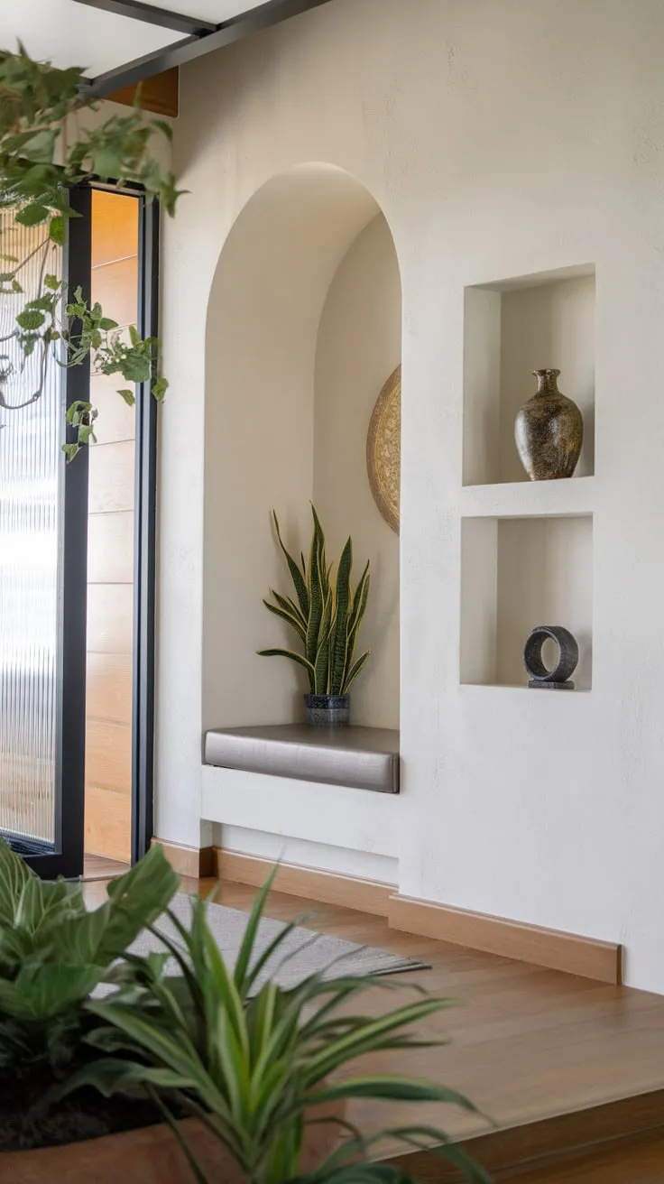 Japandi design meets nature in this foyer, where plants flanking the entrance create a calming and sophisticated welcome.