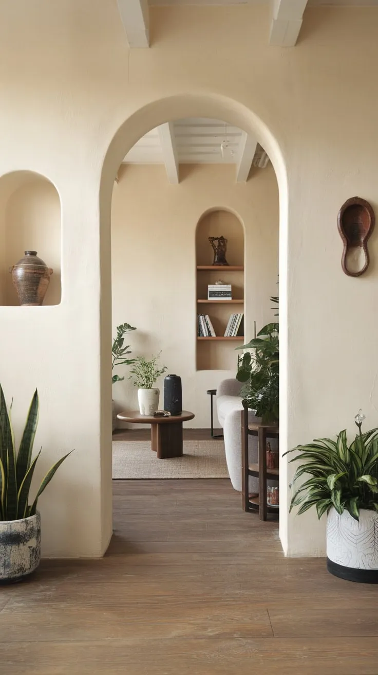 Tranquil plants in the foyer create a calming first impression leading through an arched entrance to a stylish Japandi living space.