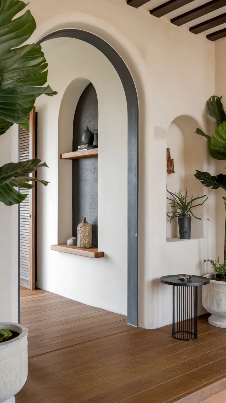 A Japandi foyer's arched corridor is dramatically framed by large plants, enhancing its stylish entrance.