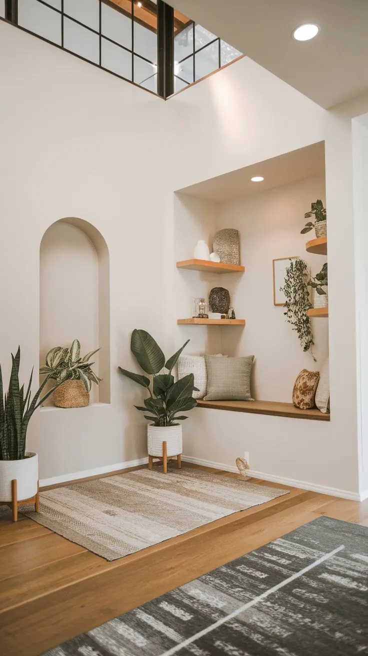 A bright Japandi foyer welcomes guests with strategically placed plants enhancing its spacious wood-floored entrance