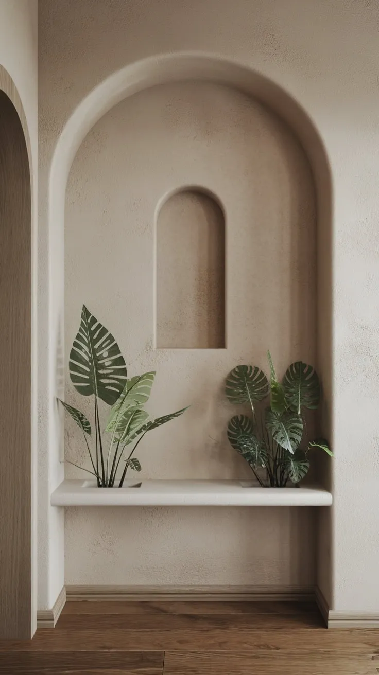A Japandi-style foyer boasts a textured arch niche housing plants, a minimalist shelf, and wood floors creating a welcoming entrance.