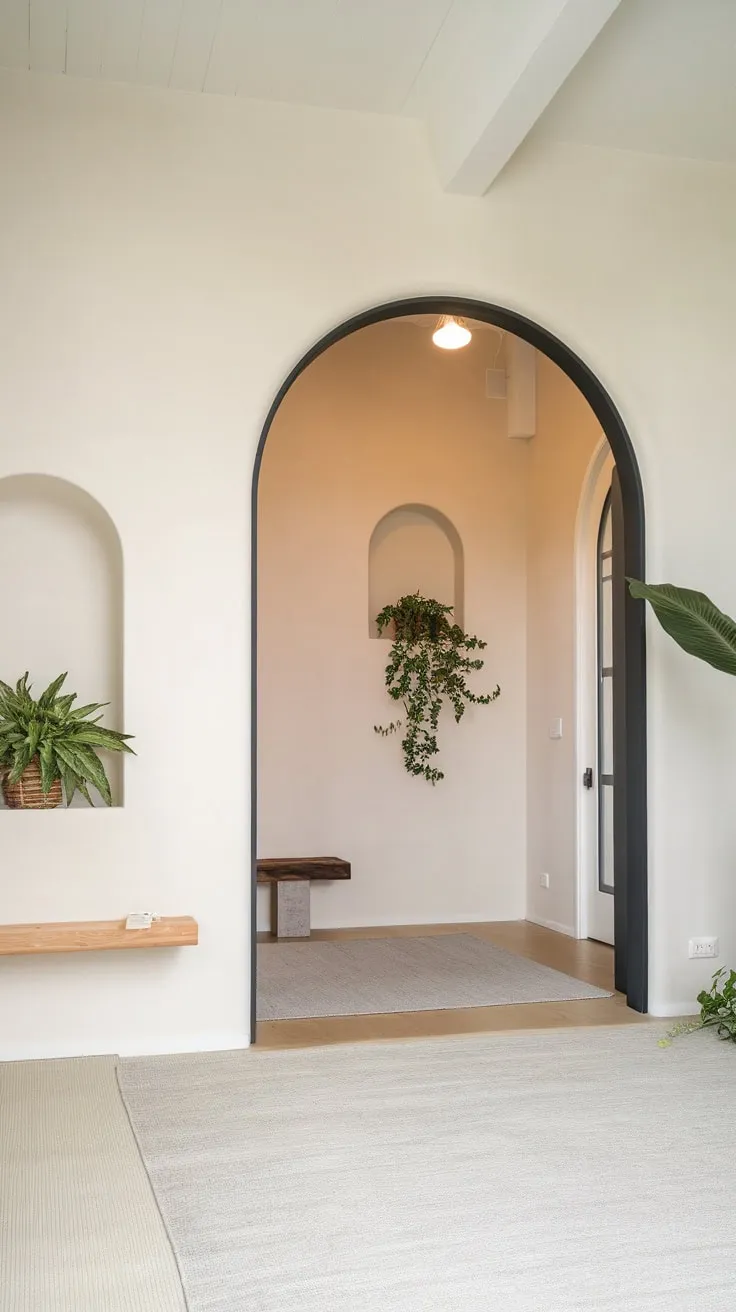 A serene Japandi foyer boasts arched entryway flanked by flourishing plants nestled in niches and shelves, welcoming guests with minimalist elegance