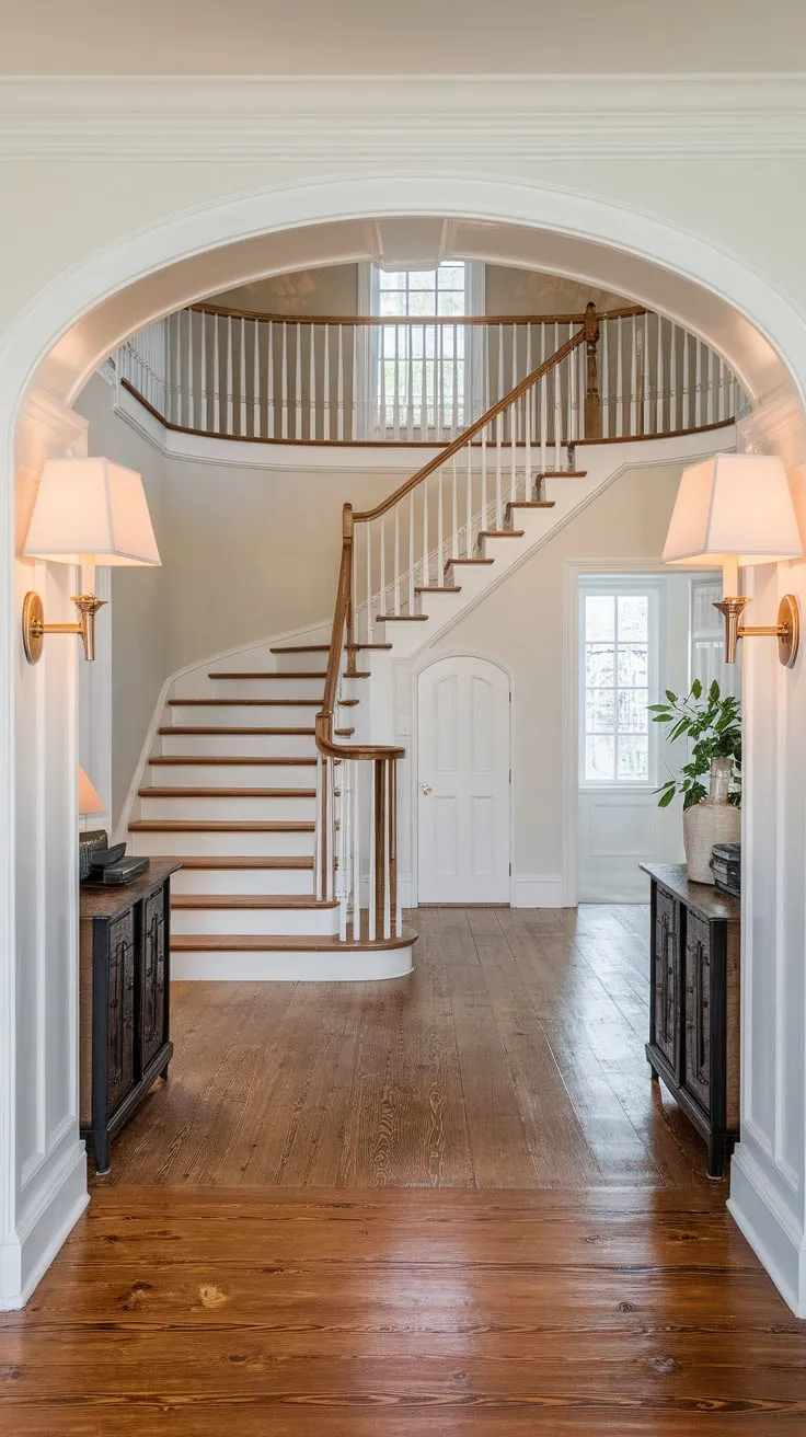 A bright foyer with hardwood floors and a graceful wooden staircase welcomes you, lamps flanking the entryway to a home with visible door and window beyond.