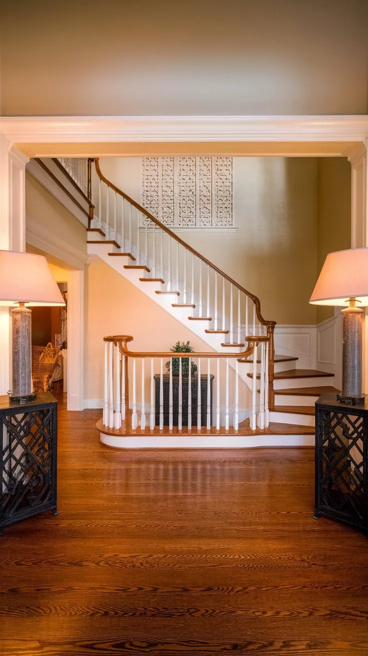 Elegant lamps flank a stunning wooden staircase ascending from a high-ceilinged foyer featuring decorative wall paneling.