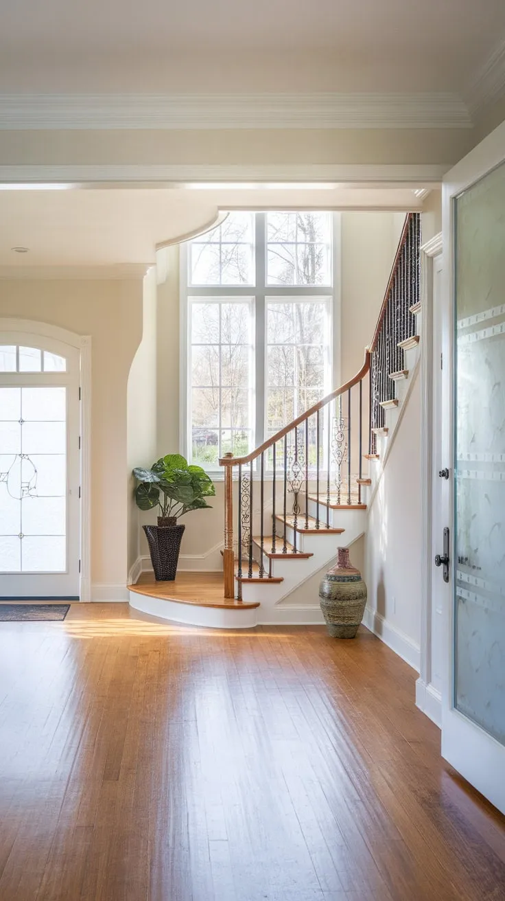Sunlight streams through a large window illuminating a welcoming foyer with a wrought-iron staircase, wooden floors, and subtle décor leading to the house entrance