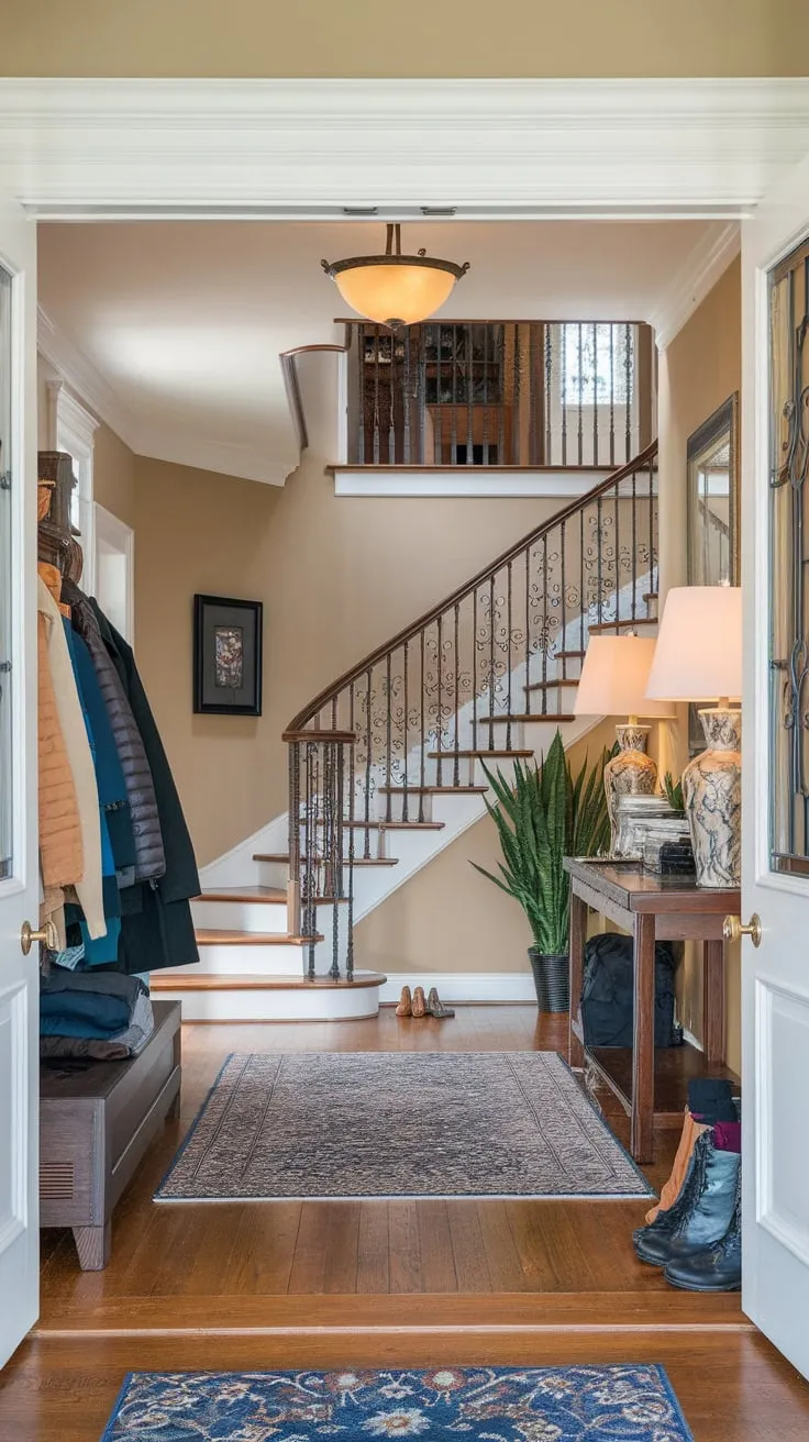 A charming entryway featuring a hardwood-floored foyer, a graceful wrought-iron staircase, and subtle décor creates an inviting home entrance.