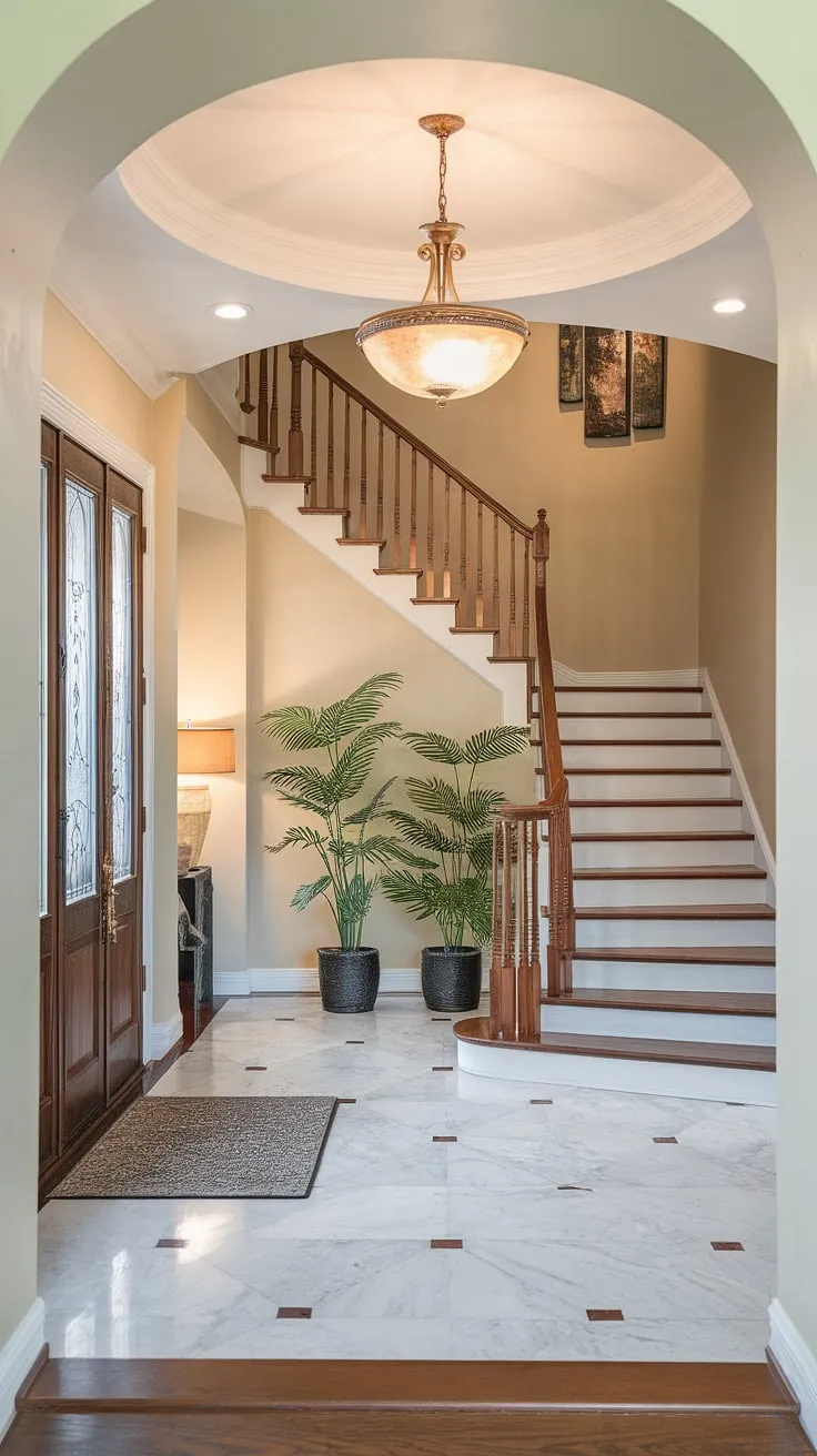 The grand entrance foyer, with its gleaming marble floors and elegant foyer staircase, sets the tone for this stunning home.  The carefully curated entrance foyer design, complete with a dramatic chandelier and lush potted plants, creates an inviting and unforgettable house foyer entryway.  This house entrance foyer is a testament to sophisticated foyer ideas entryway.