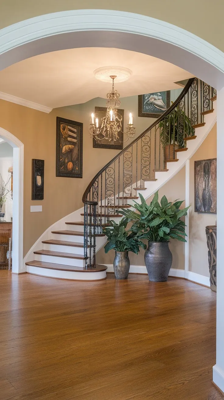 The grand entrance of this house, a stunning example of foyer staircase entryway design, welcomes you with its elegant chandelier, rich wooden floors, and ornate foyer stairs.  The house entrance foyer is a testament to sophisticated house foyer entryway style, complete with lush potted plants and carefully curated artwork.  This foyer ideas entryway showcases the perfect blend of classic and contemporary.