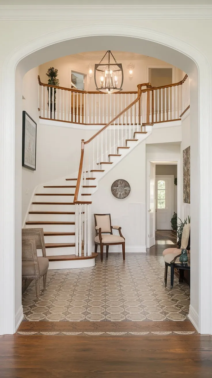 Sunlight streams into this welcoming house entrance foyer, illuminating the elegant foyer staircase and patterned floor.  The foyer ideas entryway, complete with its charming chairs and decorative accents, create a truly inviting house foyer entryway. This entrance foyer design is the perfect blend of classic and contemporary.