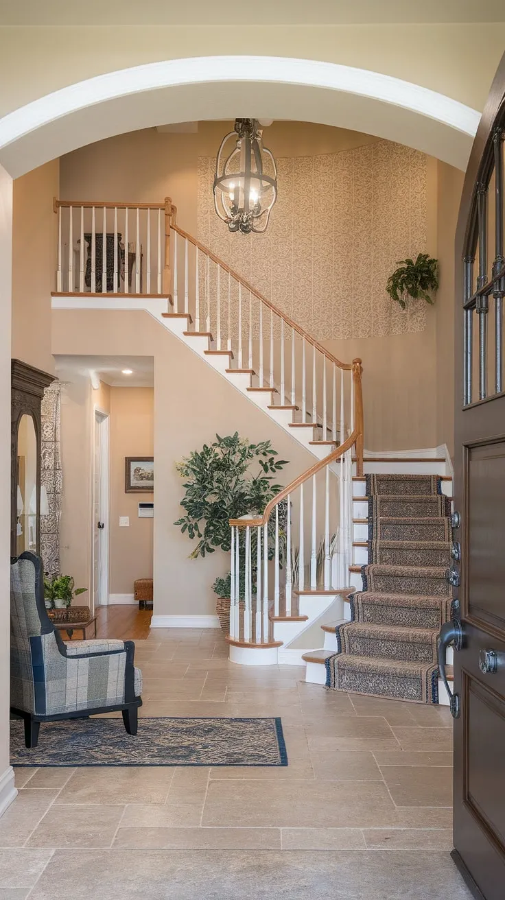 This house foyer entryway, with its captivating foyer stairs and ornate chandelier, sets the tone for the entire home.  The foyer ideas entryway are flawlessly executed, creating a sophisticated and inviting space. The carefully chosen elements in this house foyer, from the patterned walls to the comfortable chair, make a lasting impression.