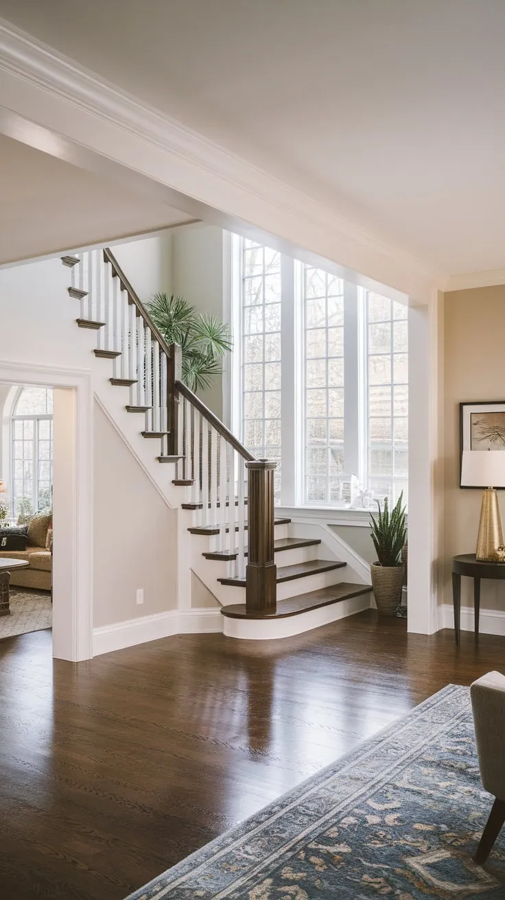 A bright foyer with a dramatic dark wood staircase and white accents welcomes you into a home, showcasing a glimpse of the inviting living room beyond