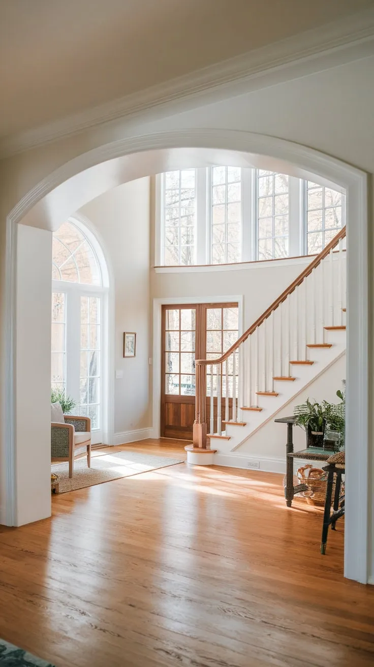 Sunlight streams through a grand foyer's large window illuminating a wooden staircase ascending to a bright upper floor
