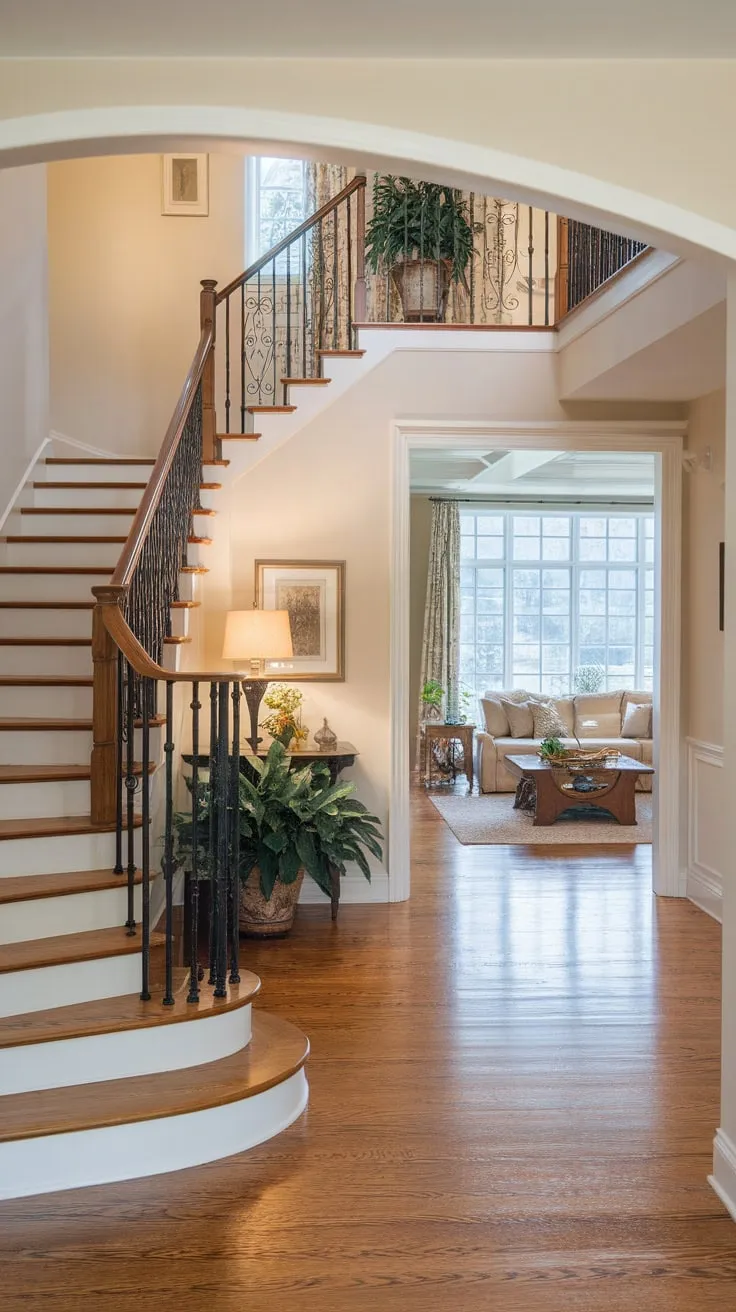 An elegant entryway featuring a wooden staircase and wrought iron railing welcomes you into a sunlit living room beyond.
