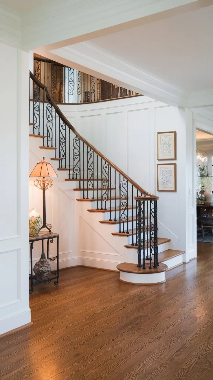 A grand foyer showcases a hardwood floor, white walls, a wrought-iron staircase, and an elegant lamp.