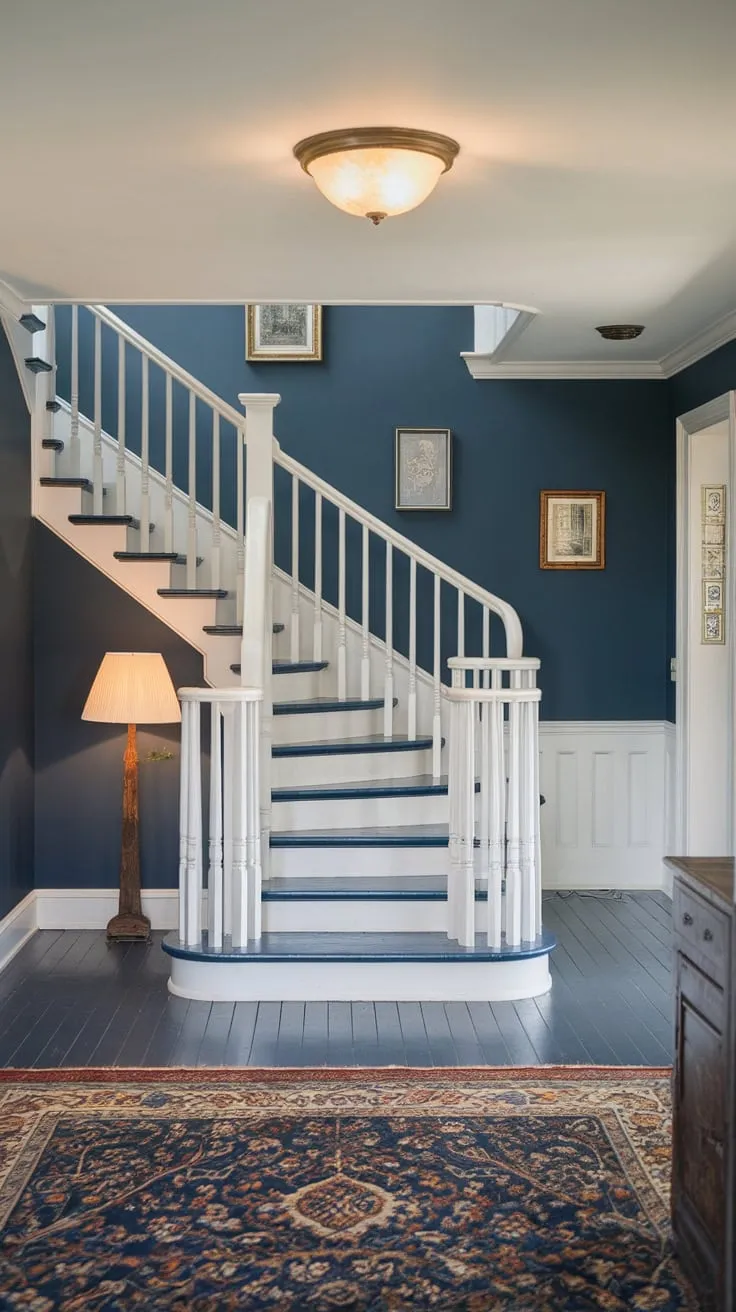 A stunning entryway features a dark blue wall and matching staircase, contrasted by white flooring and railings, creating an elegant and inviting atmosphere.