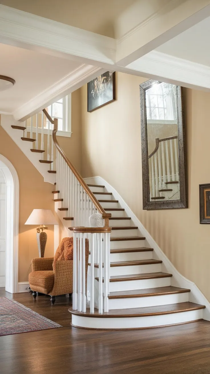 Elegant dark wood floors and a white staircase with wooden railing define this inviting foyer, accented by beige walls and a statement mirror.