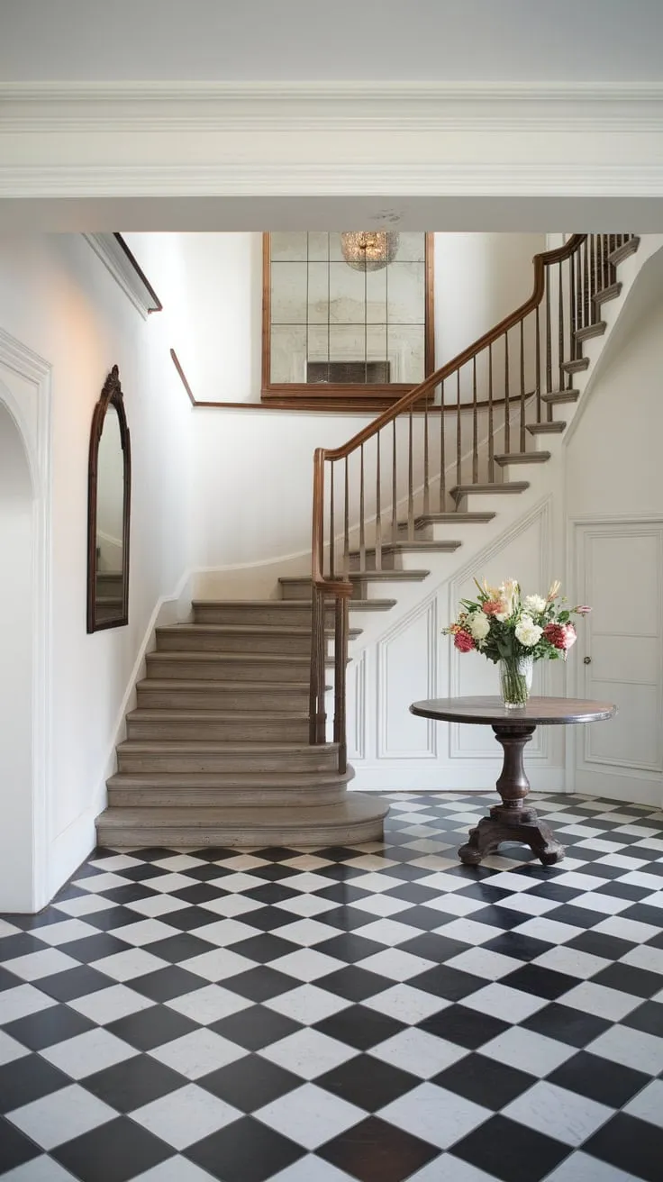 A grand foyer boasts a black-and-white checkered floor, a stone staircase with wooden railing, and a large mirror reflecting elegant details like a round table with fresh flowers