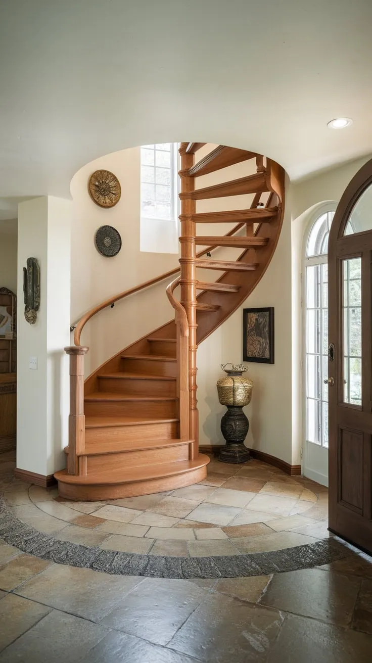 A bright white foyer showcases a dramatic wooden spiral staircase ascending to an airy upper level,