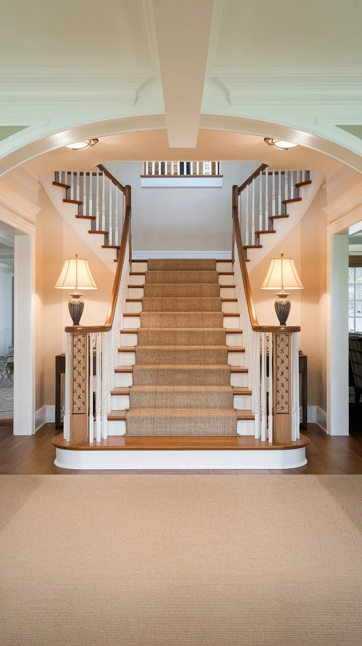 The elegant curve of the foyer staircase welcomes you into this home, a perfect blend of classic design and modern comfort.  This house entrance foyer, with its warm lighting and intricate railing, sets the tone for the entire house foyer entryway.  The entrance foyer design is both inviting and sophisticated, offering a glimpse into the beauty within.  These foyer ideas entryway showcase the timeless appeal of a well-designed foyer stairs.
