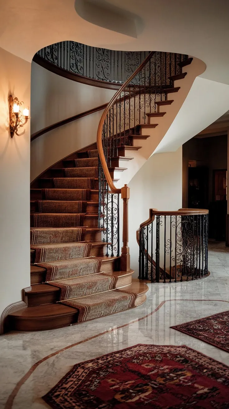 The grand foyer staircase entryway welcomes you into this stunning house.  The elegant wrought iron railing and rich wood of the foyer stairs create a captivating entrance foyer design, setting the tone for the home's luxurious interior. This house foyer, with its marble floors and carefully chosen rugs, is a testament to sophisticated house foyer entryway style.