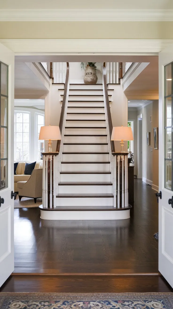 This house foyer entryway, with its dramatic foyer stairs and inviting living room glimpse, is the perfect blend of classic and contemporary. The house foyer's design is highlighted by the thoughtful placement of lighting flanking the foyer staircase, creating a warm and welcoming atmosphere.  This foyer ideas entryway is truly inspiring.