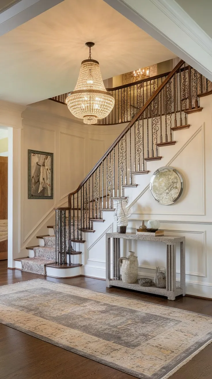 The heart of the home begins here. This house foyer entryway, a stunning example of foyer ideas entryway, welcomes you with its dramatic foyer staircase. The house foyer boasts exquisite details, from the patterned rug under the foyer stairs to the intricate wrought iron railing.  A true testament to entrance foyer design, this space is both inviting and impressive.