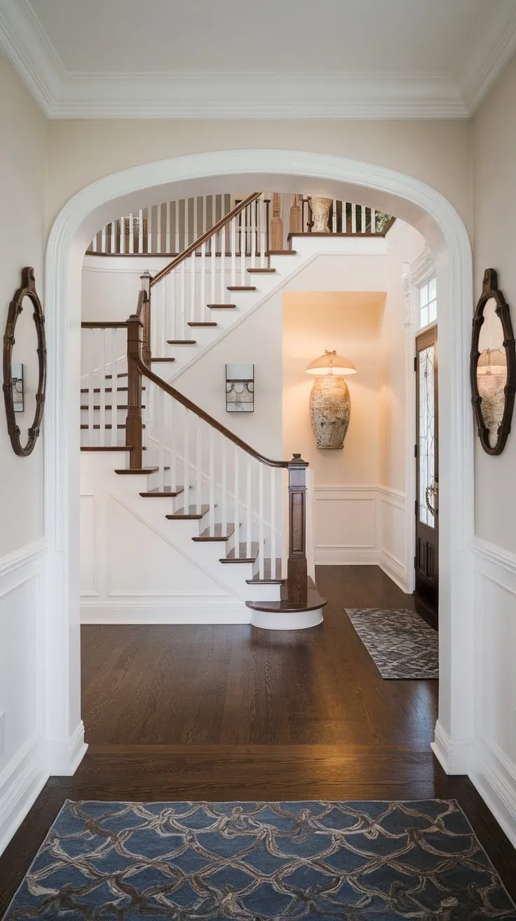A dramatic dark wood staircase ascends from a bright white-walled foyer, its elegance subtly highlighted by wall lamps and understated décor