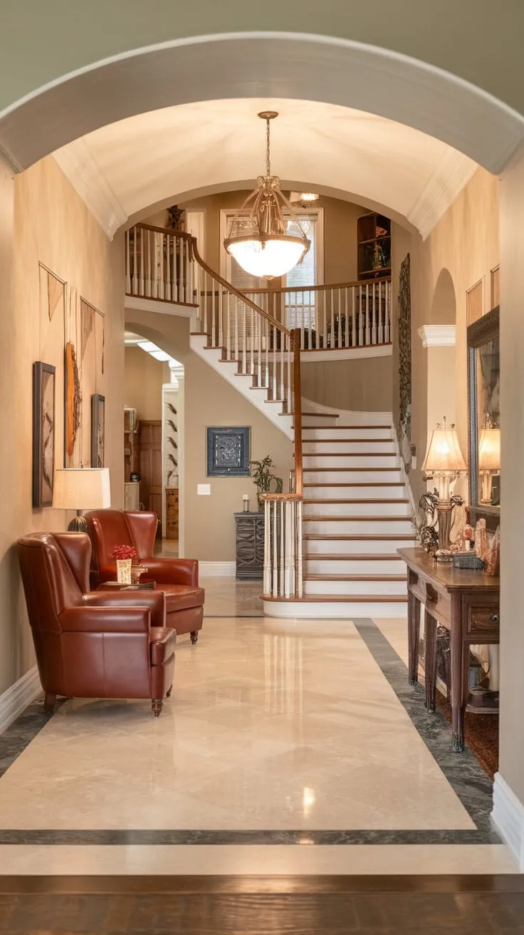 Elegant beige walls and a shimmering chandelier enhance the welcoming ambiance of the foyer's marble floor and stately staircase.