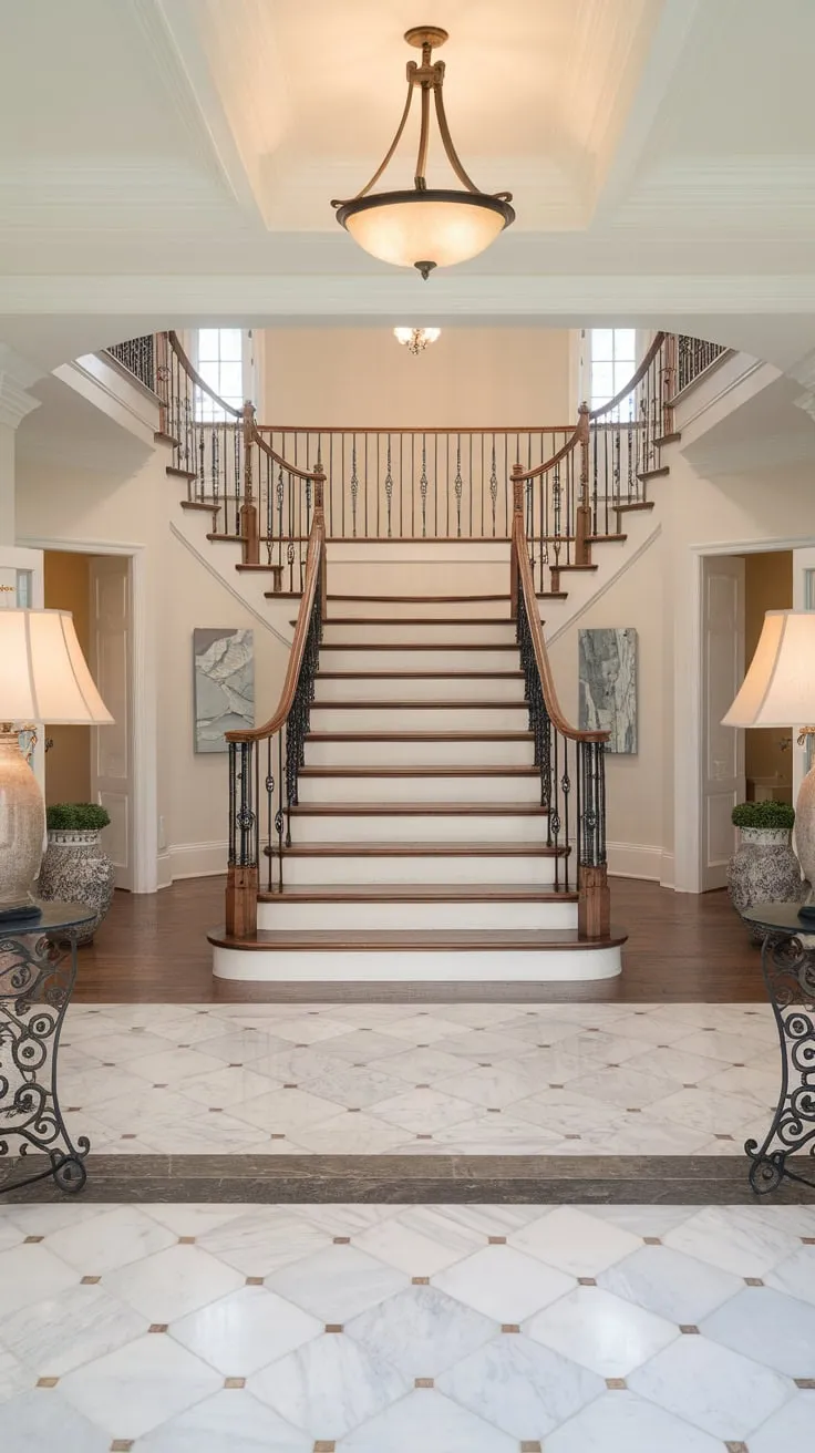 A grand foyer boasts a marble floor, white walls, a chandelier, and a dramatic staircase with dark wood treads, iron balusters, and a wooden railing, illuminated by flanking lamps.