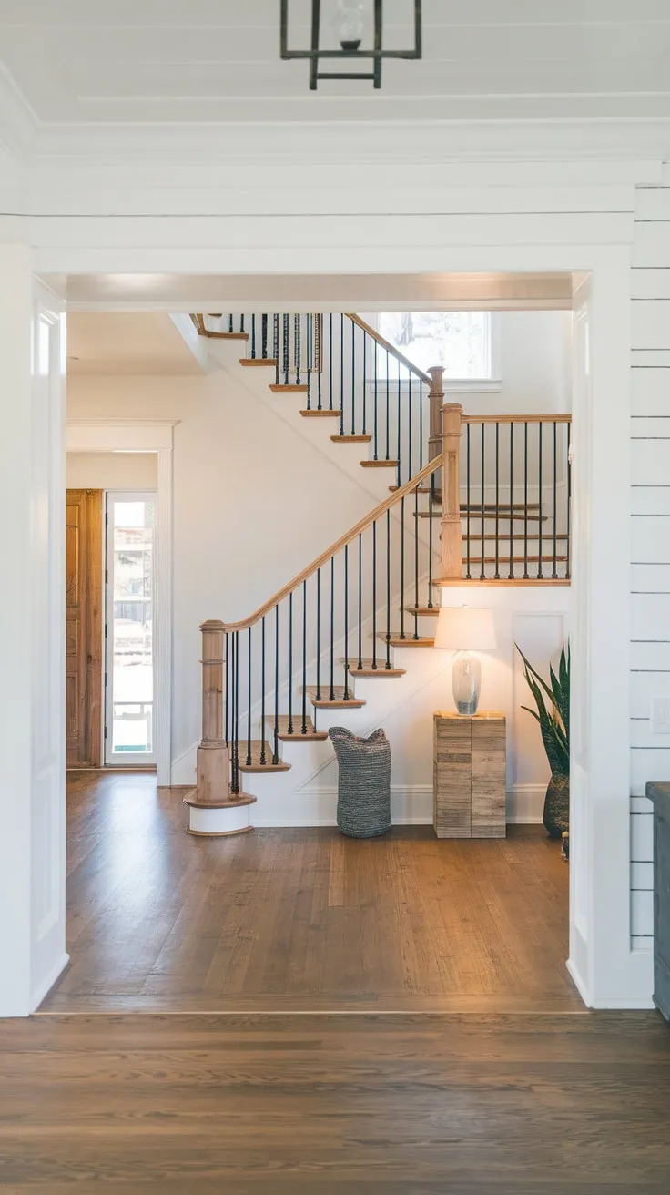 A stunning wooden staircase with metal accents dominates a minimalist foyer, leading upstairs from a light-filled entryway.