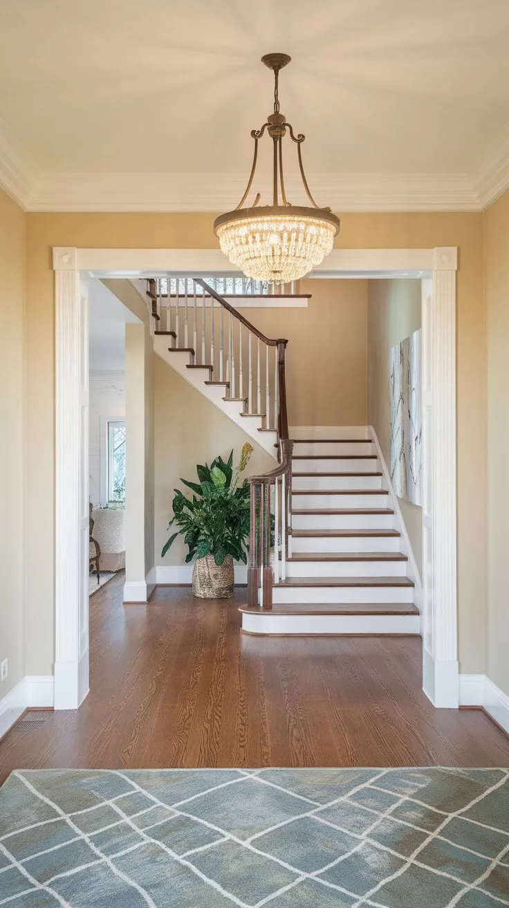 A beige-walled foyer with hardwood floors features a dark-railed staircase ascending to a second floor, illuminated by a stunning chandelier.
