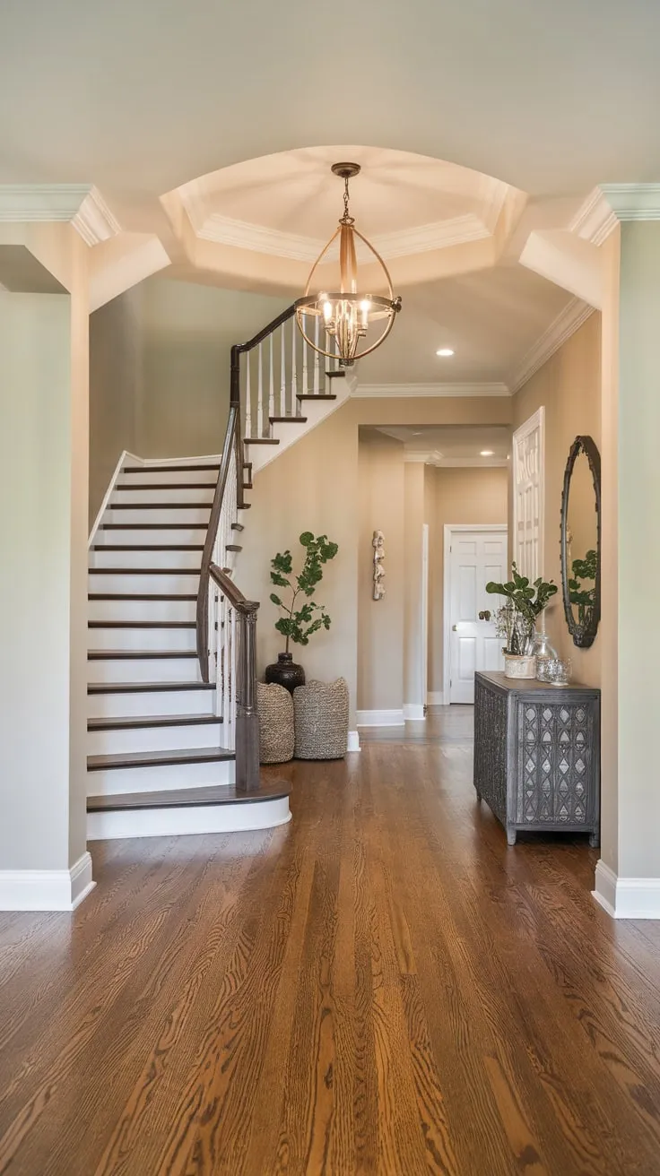 Elegant beige walls frame a dramatic dark staircase in a stunning foyer entryway, complete with hardwood floors and a shimmering chandelier.
