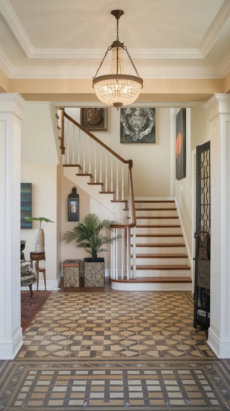 An elegant entryway features a stunning staircase, patterned flooring, and tasteful décor creating a classic and inviting atmosphere.