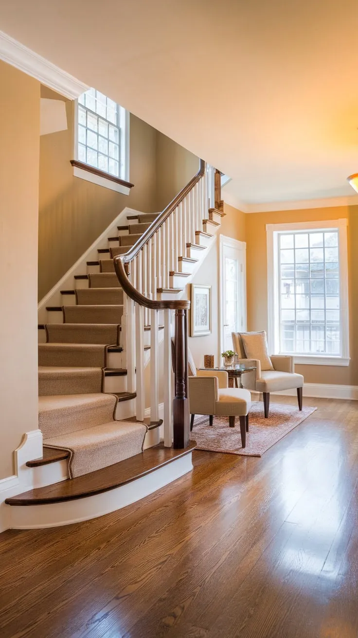 Warm lighting illuminates a welcoming foyer entryway featuring a hardwood floor, beige walls, a dark-wood staircase with beige carpet, and comfortable seating.