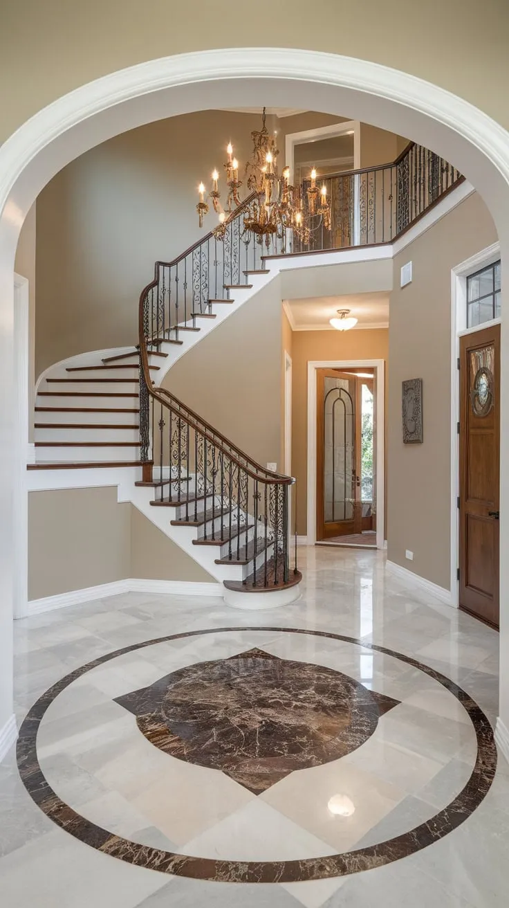 An elegant beige-walled foyer boasts a marble floor, wrought-iron staircase, chandelier, and multiple doors leading to a stunning home entrance.