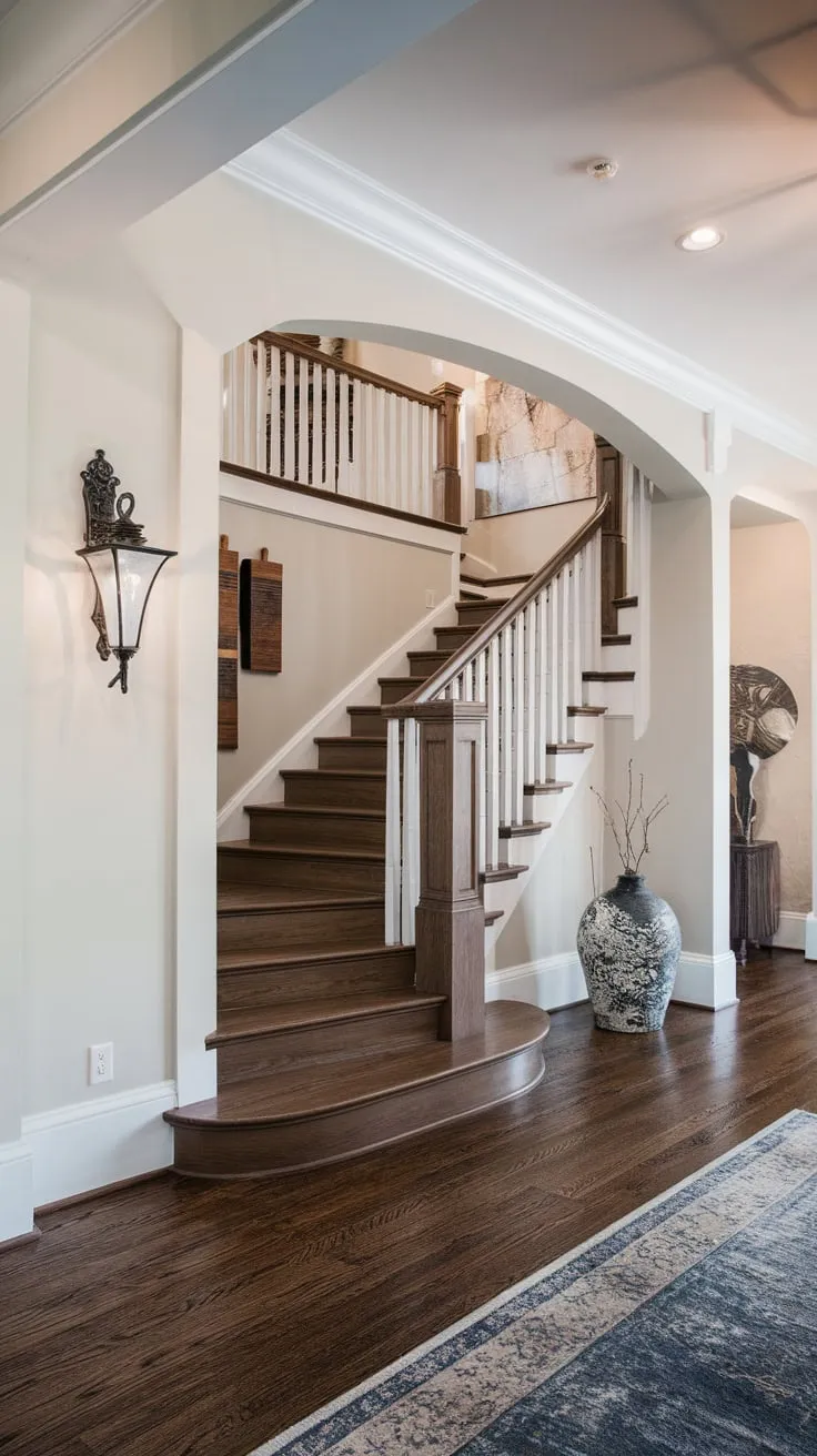 A dramatic dark wood staircase ascends from a high-ceilinged foyer with white walls and elegant accents
