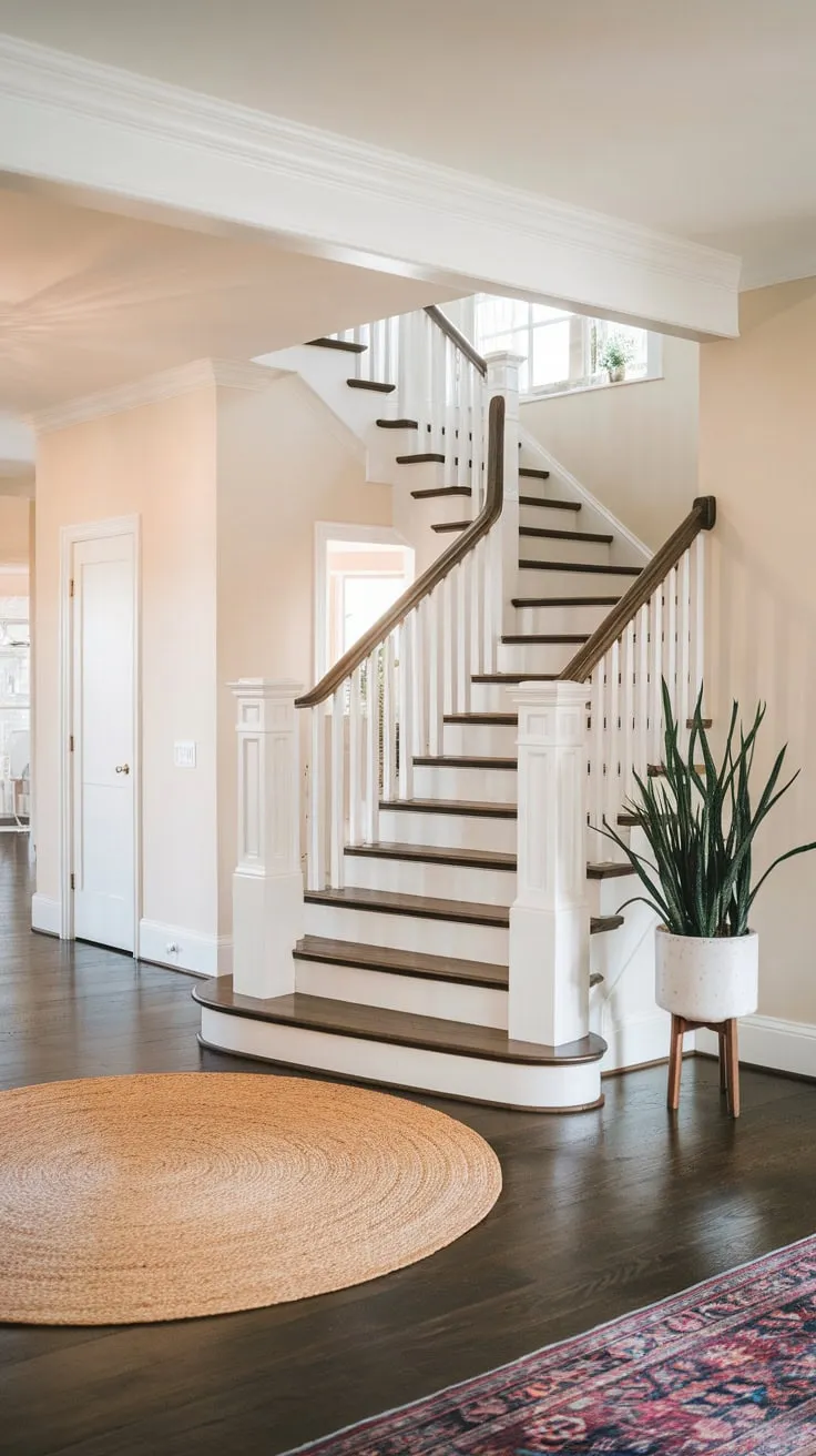 A grand foyer with a dark wood staircase, white walls, and a plush round rug welcomes you, accented by a tall plant and soft lighting.