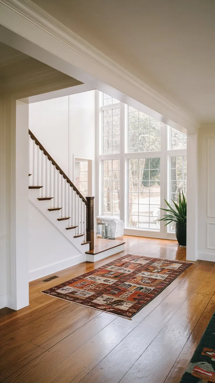 A modern foyer boasts a dramatic staircase bathed in natural light from a large window its patterned rug and dark railing adding stylish contrast to the white walls and wooden floors