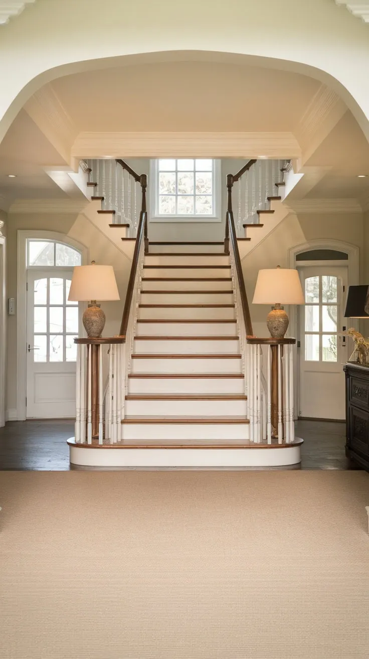 A bright foyer welcomes you with a classic wooden staircase, beige carpet, and elegant white railings, illuminated by flanking lamps.