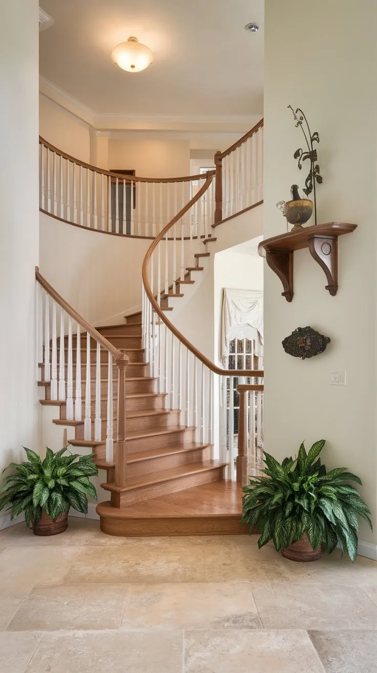 Elegant beige tile and potted plants enhance a dramatic foyer featuring a wooden spiral staircase with white railings leading to a high-ceilinged second floor.