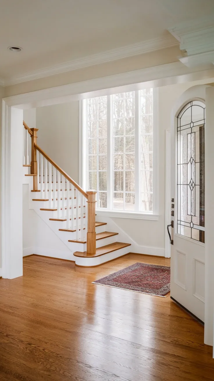 Sunlight streams through a glass-paned door into a bright foyer, illuminating a grand wooden staircase and hardwood floor.