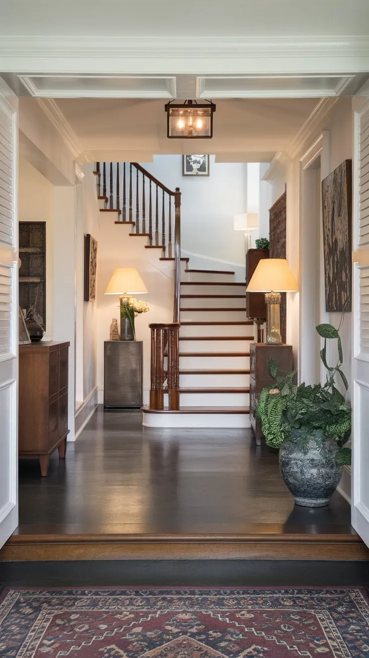 A dramatic entryway featuring a wooden staircase and elegant lighting sets the tone for a stylish home, its dark grey floor contrasting beautifully with white walls.