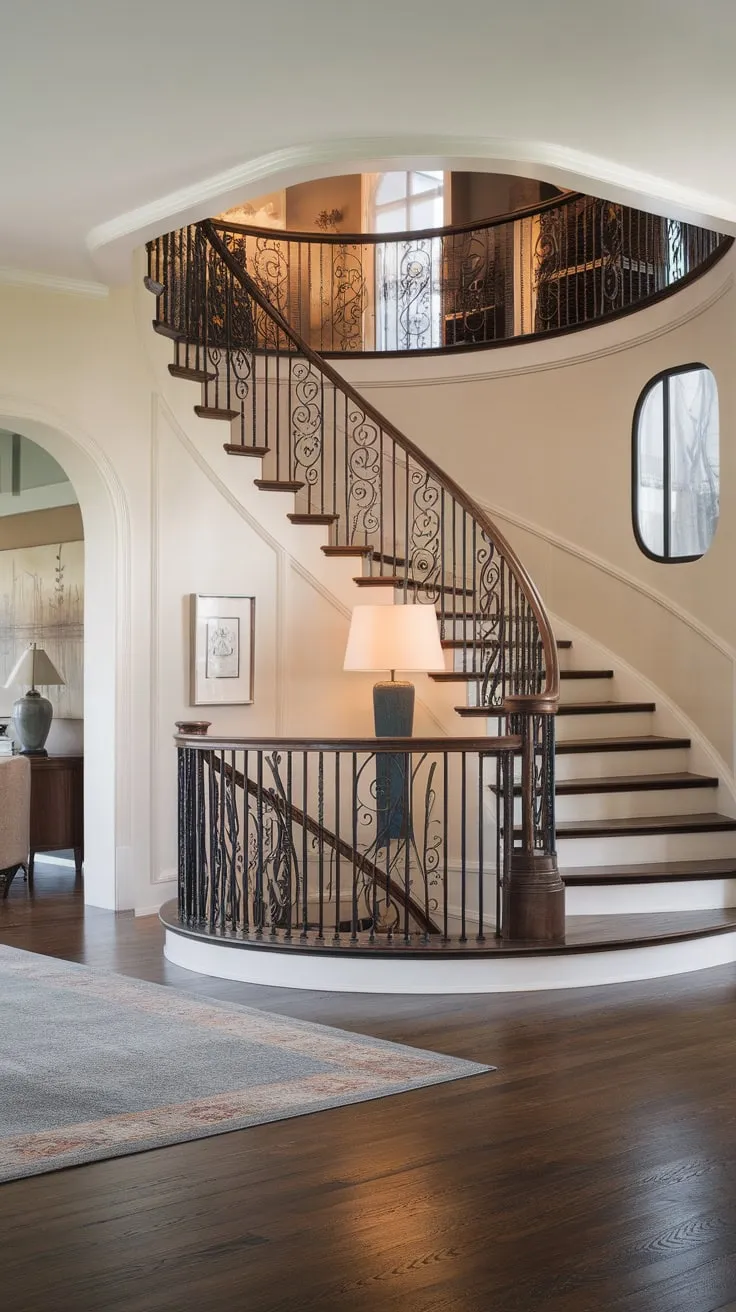 A dramatic curved staircase with wrought iron railing graces a modern Victorian foyer, its dark wood floor and elegant lighting creating a captivating entrance.