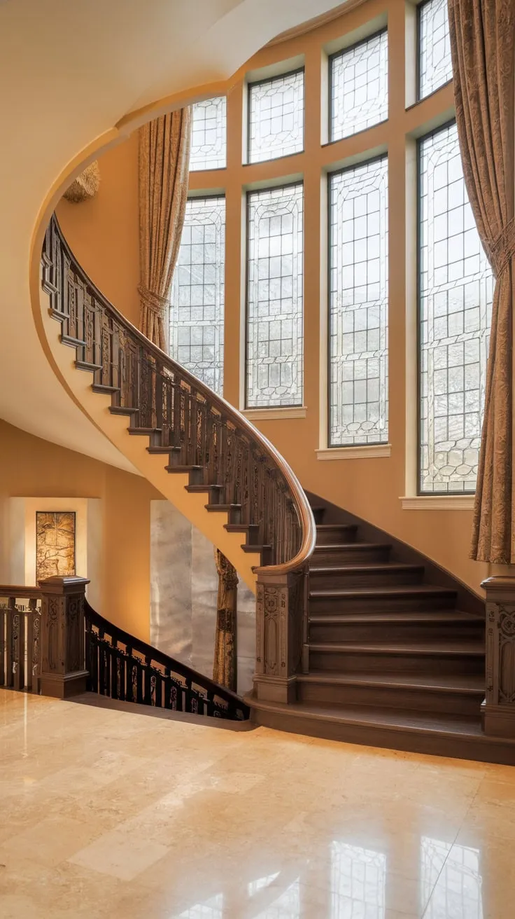 A sweeping dark wood staircase with intricate carvings graces a modern Victorian foyer bathed in warm light from large, ornate windows.