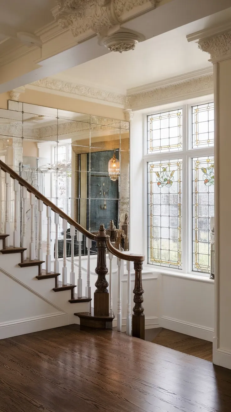 Sunlight streams through stained glass onto a breathtaking Victorian-style staircase in a modern foyer, its intricate carvings and elegant details showcased by vintage mirrors and ornate plasterwork.