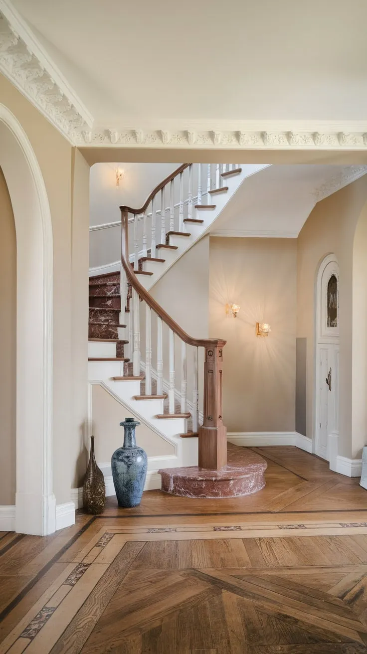 Elegant beige walls and patterned wood floors enhance a stunning modern Victorian foyer staircase with a marble base and wooden banister.