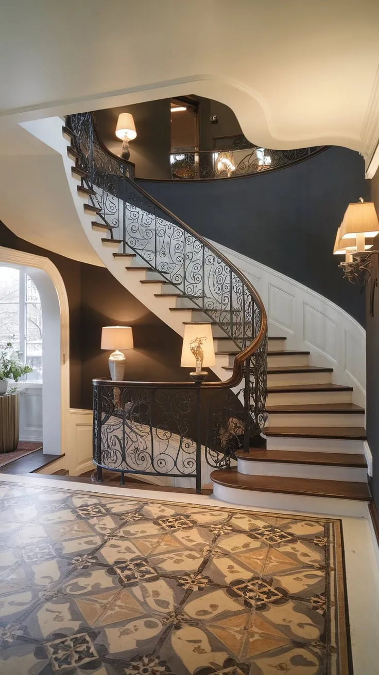 Where modern meets Victorian elegance. This foyer staircase, with its beautiful stairs and intricate iron balustrade, is a masterclass in decorating rooms. The dramatic 180-degree turn adds a touch of grandeur to this stunning space.