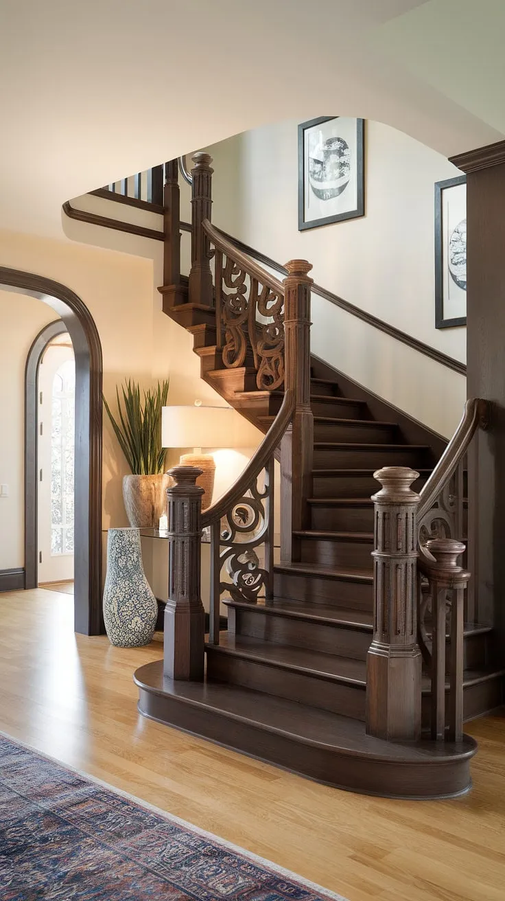 Where modern meets Victorian elegance. This foyer staircase, with its beautiful stairs and intricate carvings, is a masterclass in decorating rooms.  The light wood floors and high ceilings amplify the grandeur.