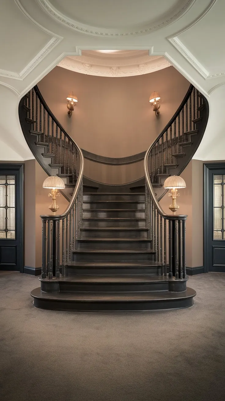 Where modern elegance meets Victorian grandeur. This foyer staircase, with its beautiful stairs and glossy black finish accented by gold, is a masterclass in decorating rooms.  The result is a breathtaking space that seamlessly blends old-world charm with contemporary sophistication.